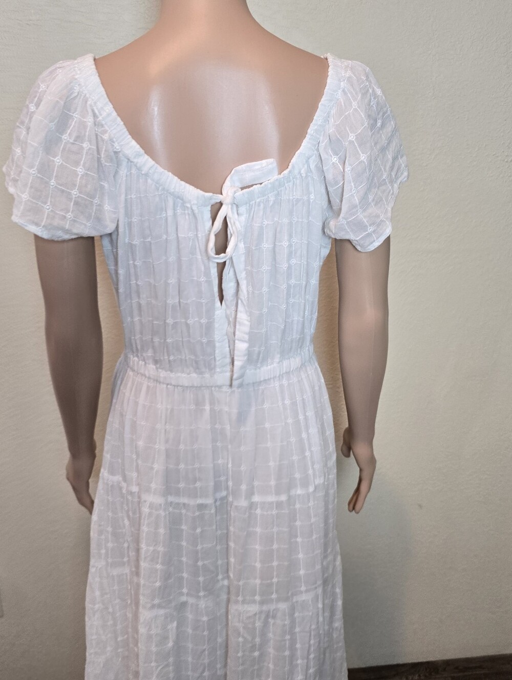 Mango MNG White Puff Sleeve Embroidered Checkered Tiered Midi A-Line Dress Sz 8 - Picture 9 of 16
